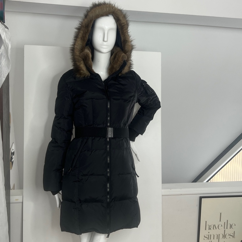 S 13/NYC Sz M Black Duck Feather Down Acrylic Fur Trim Zip Front 3/4 Puffer Coat